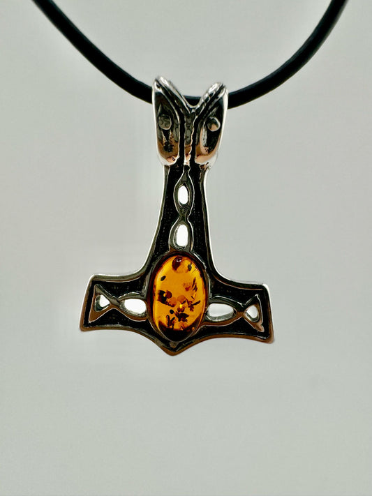 Silver Thor's hammer with amber - unique piece