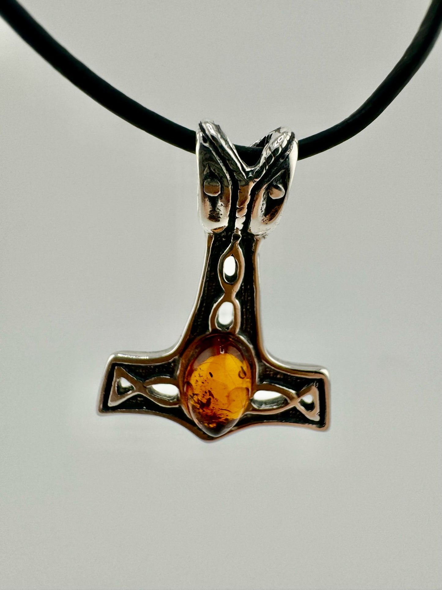 Silver Thor's hammer with amber - unique piece