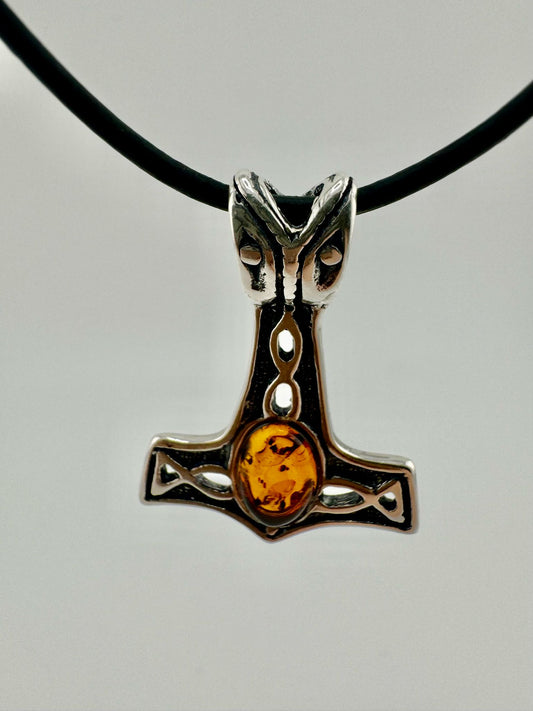 Silver Thor's hammer with amber - unique piece