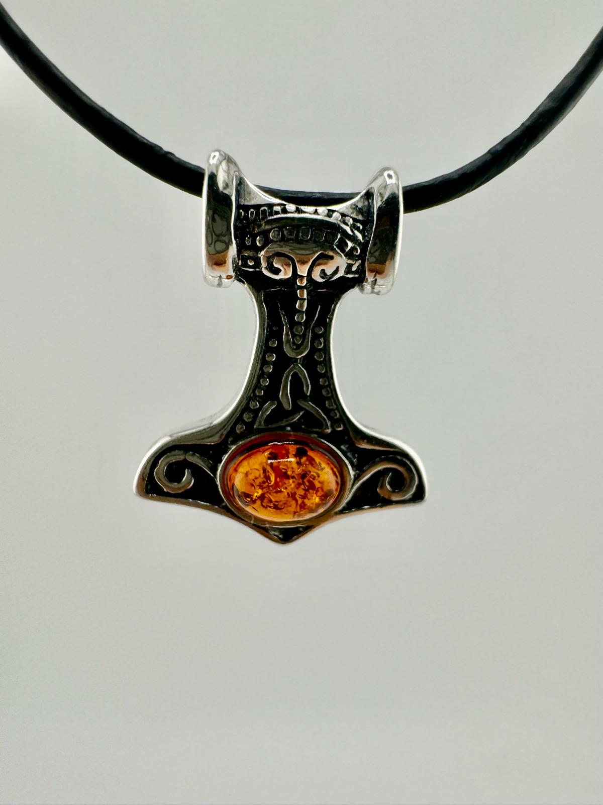 Silver Thor's hammer with amber - unique piece