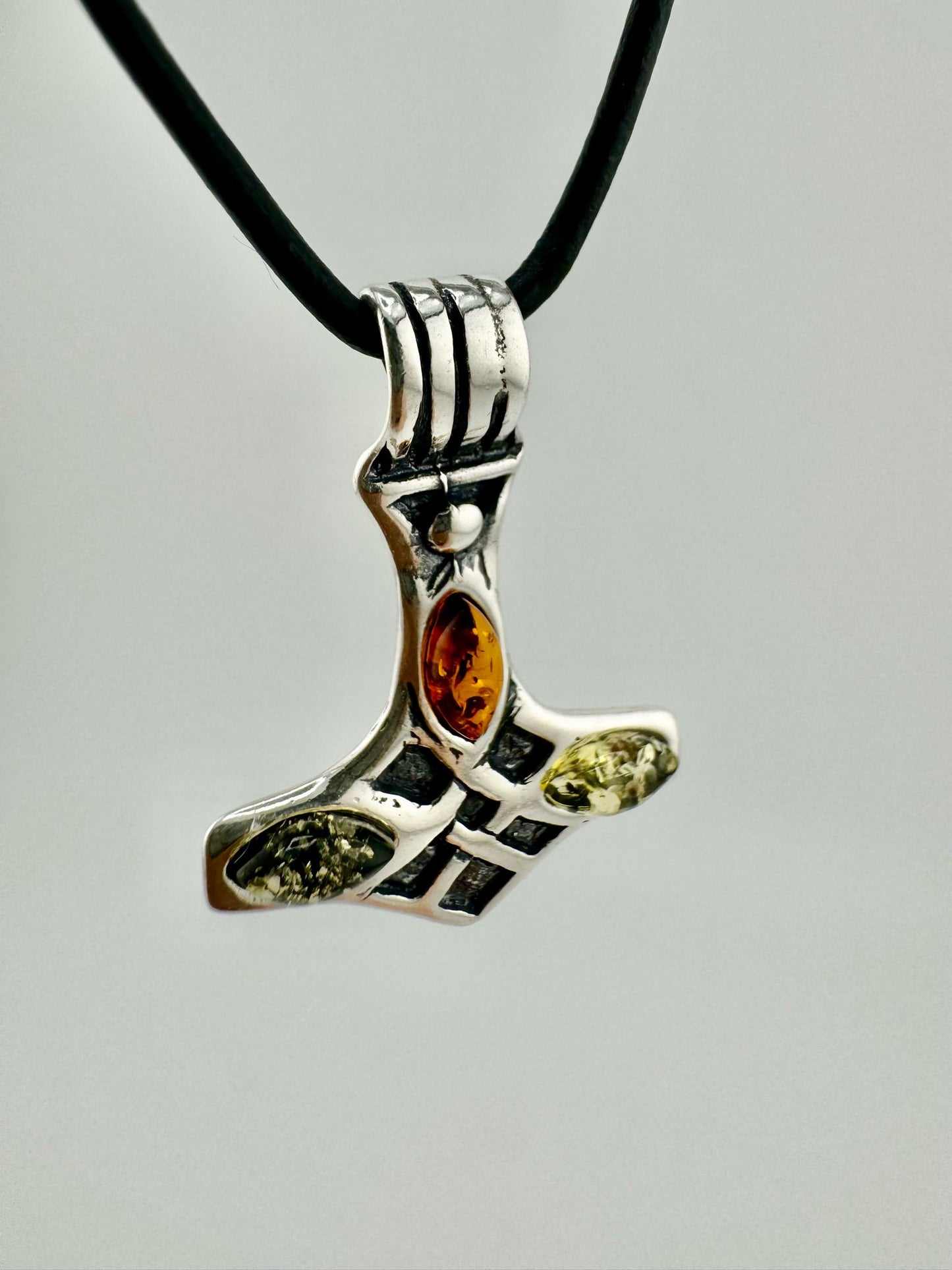 Silver Thor's hammer with amber - unique piece