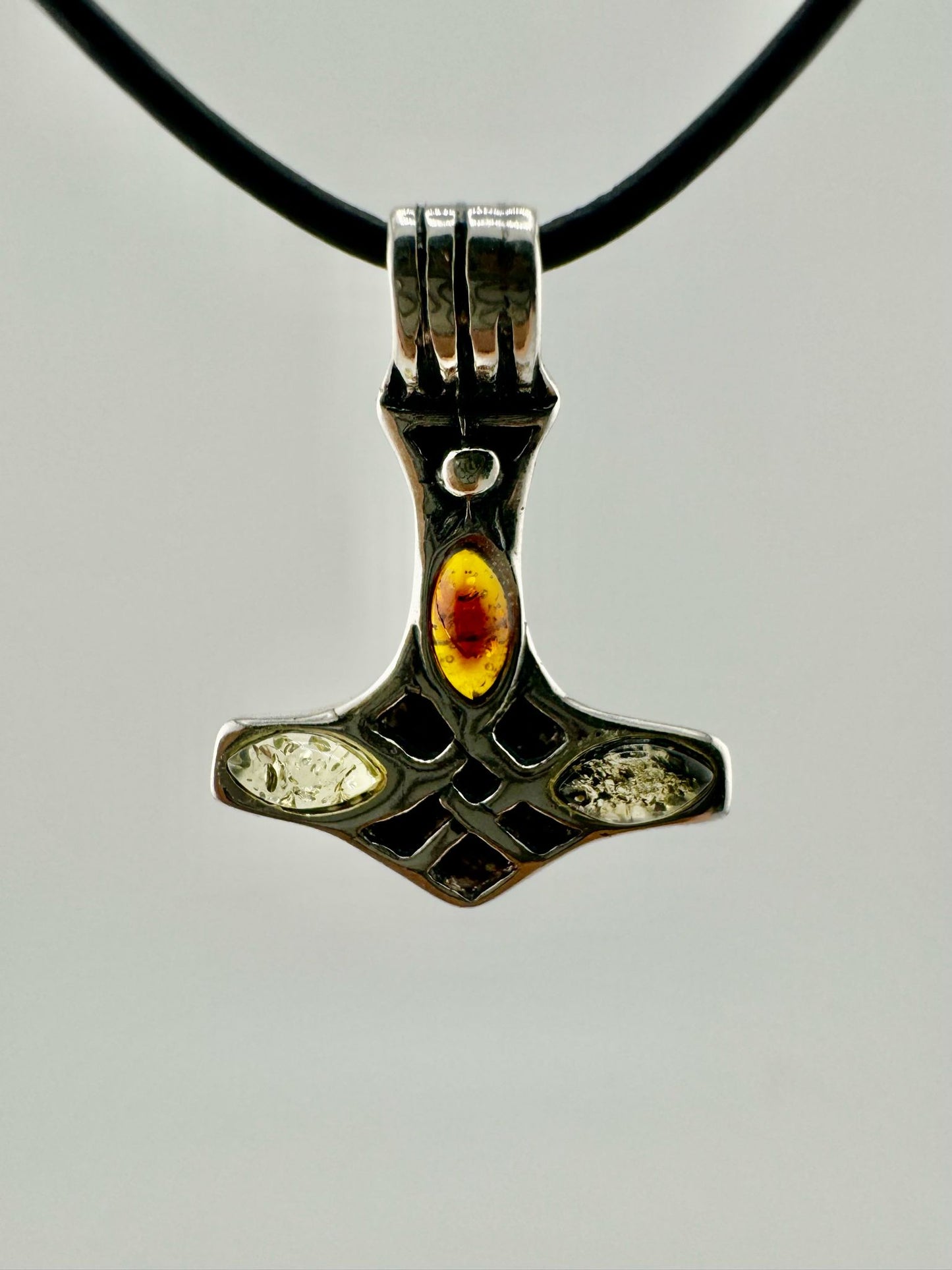 Silver Thor's hammer with amber - unique piece