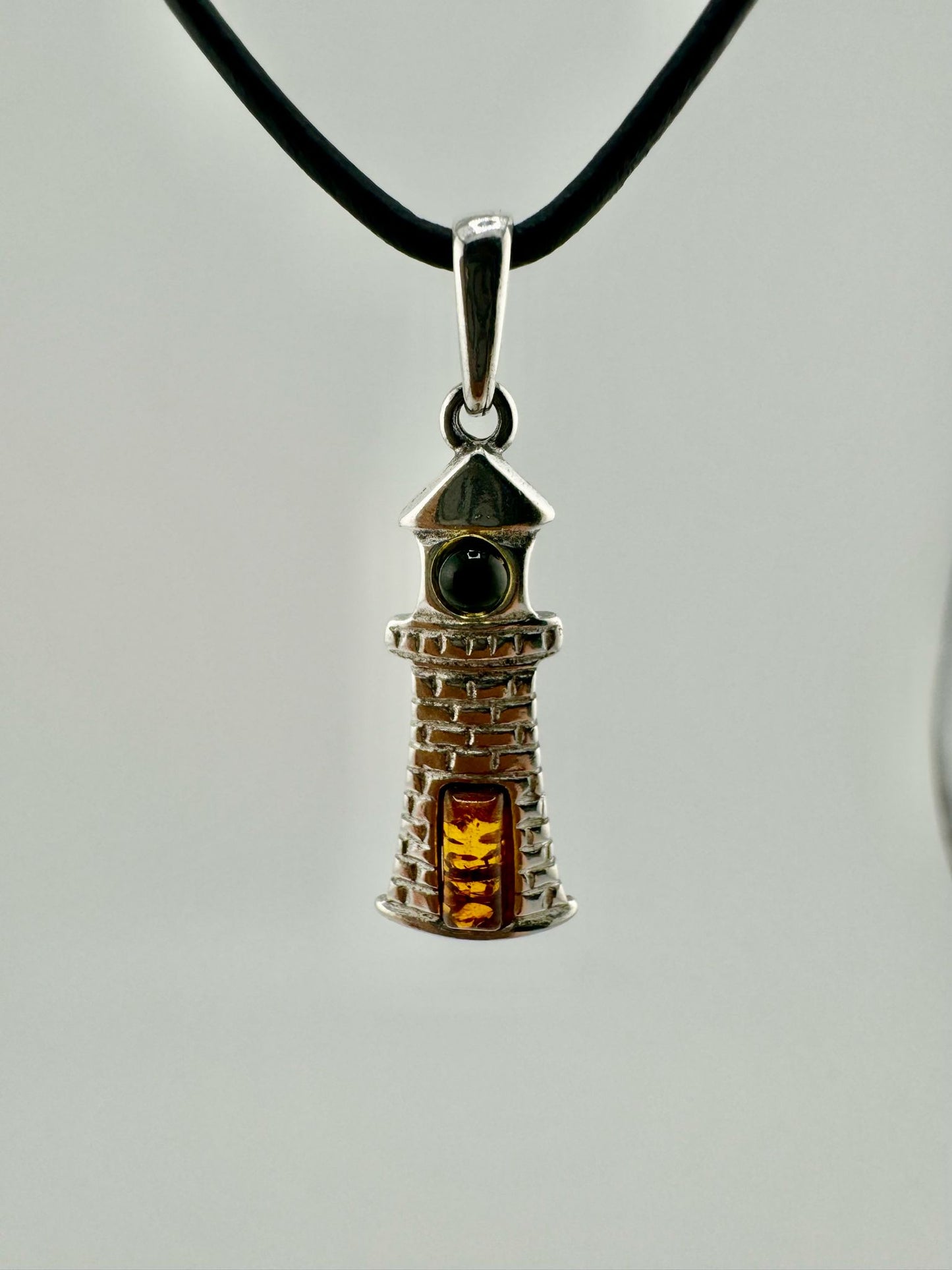 Silver lighthouse with amber - unique piece