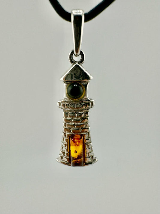 Silver lighthouse with amber - unique piece