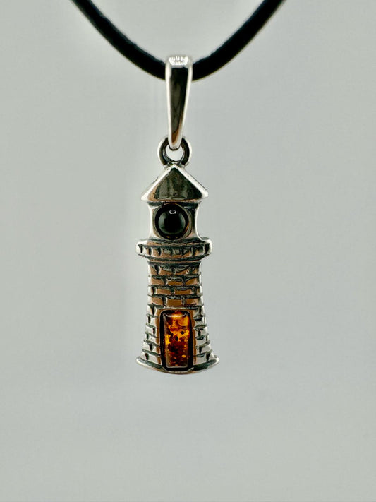 Silver lighthouse with amber - unique piece