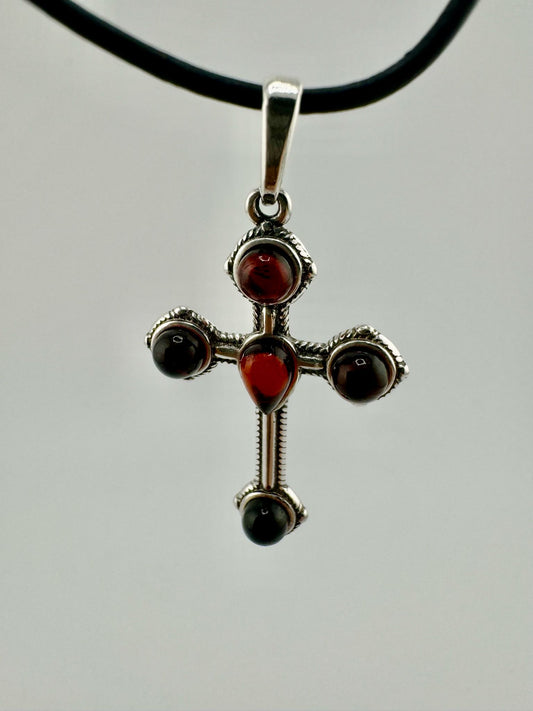 Silver cross with amber - unique piece