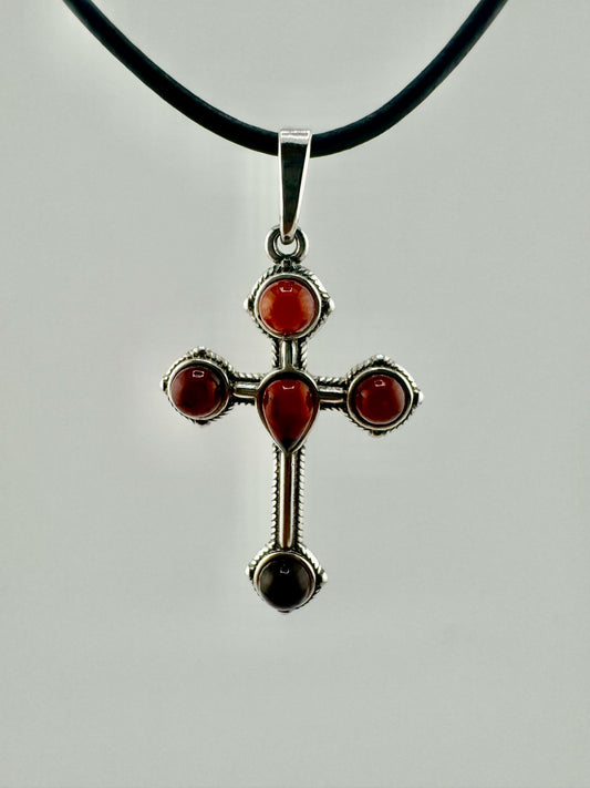 Silver cross with amber - unique piece