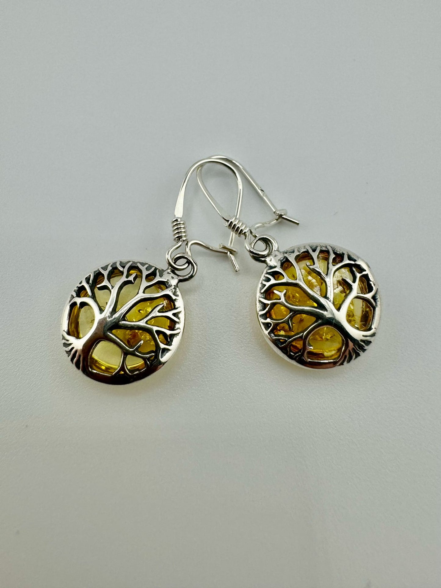 Silver tree of life earrings with amber - unique piece