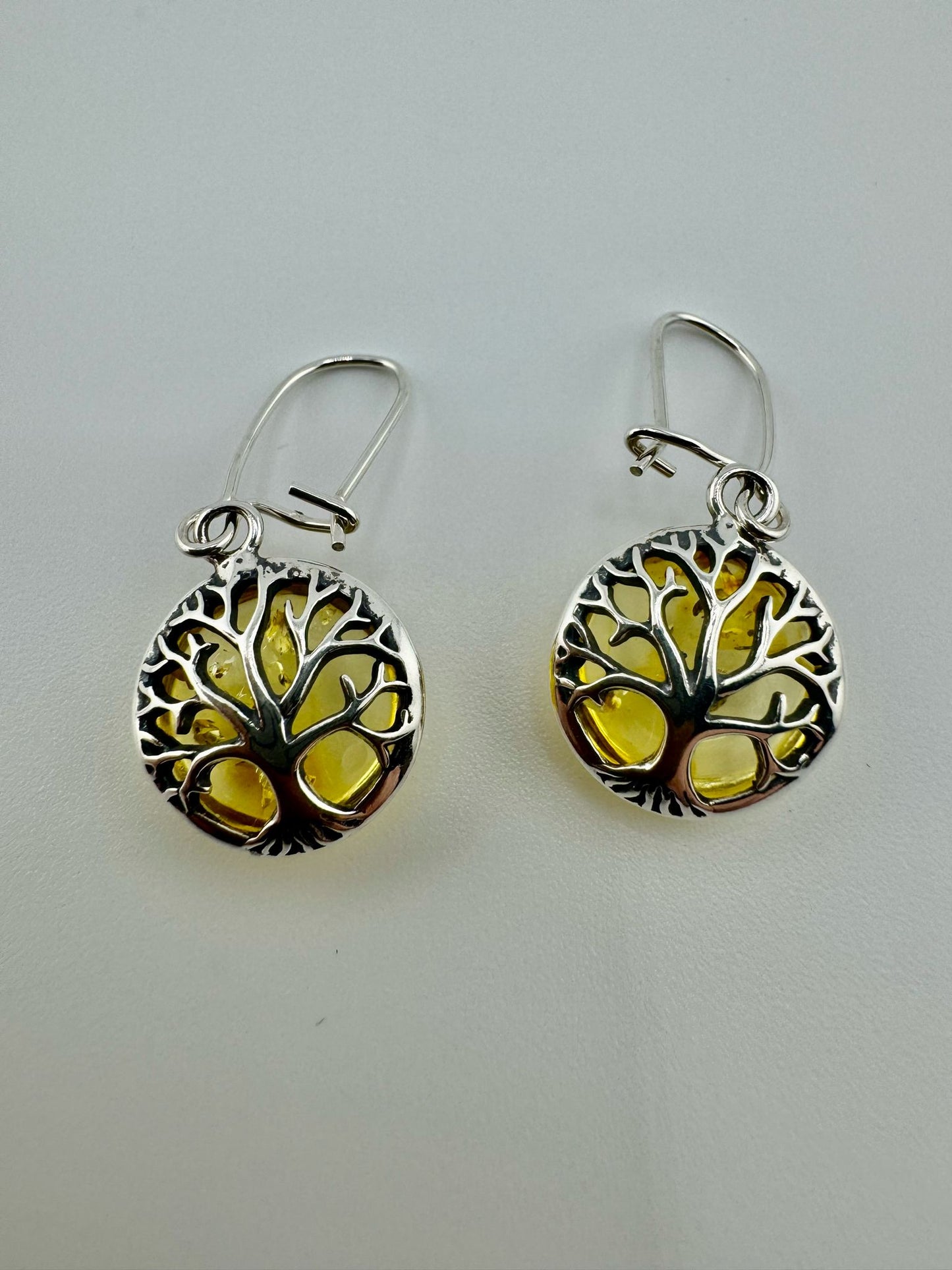 Silver tree of life earrings with amber - unique piece