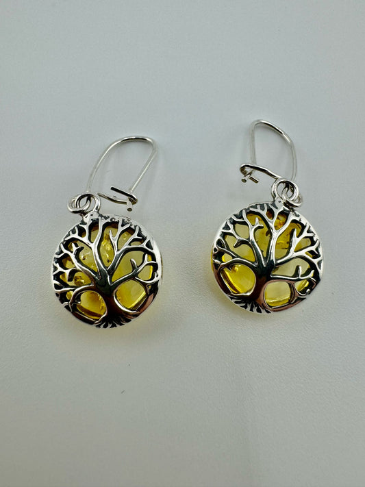 Silver tree of life earrings with amber - unique piece