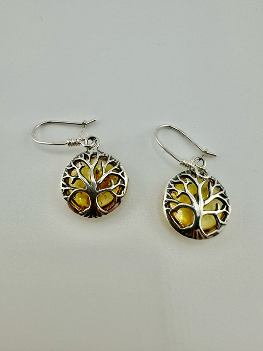 Silver tree of life earrings with amber - unique piece