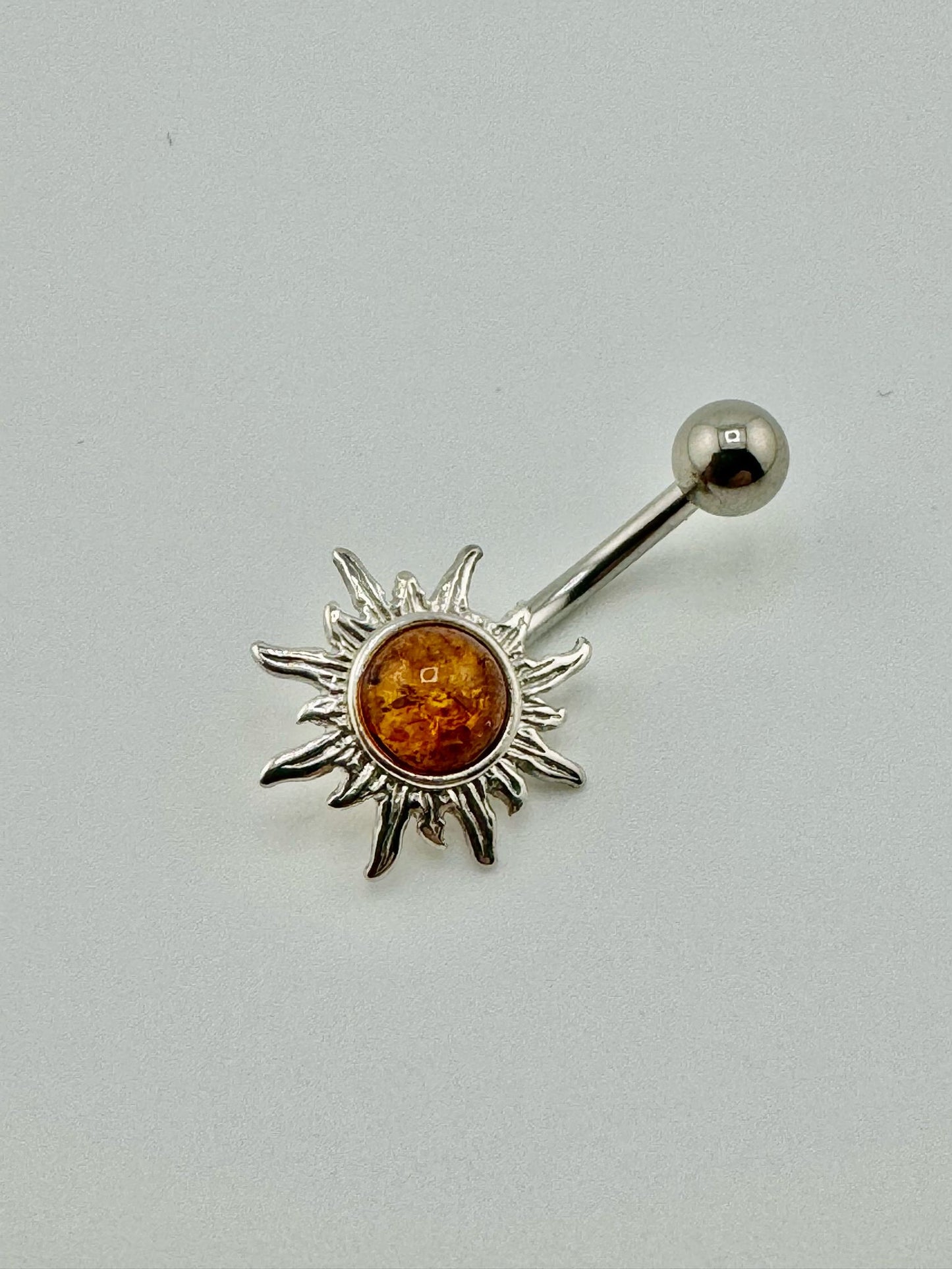 Silver sun piercing with amber - unique piece