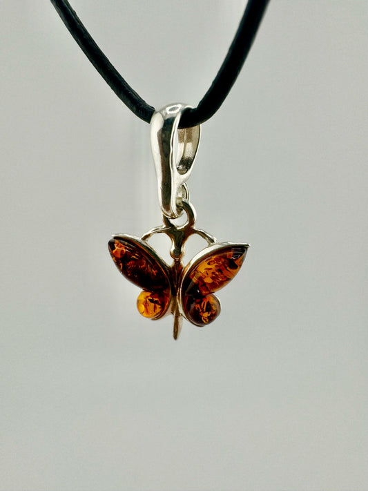 Butterfly pendant with amber - unique piece