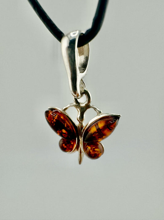 Butterfly pendant with amber - unique piece