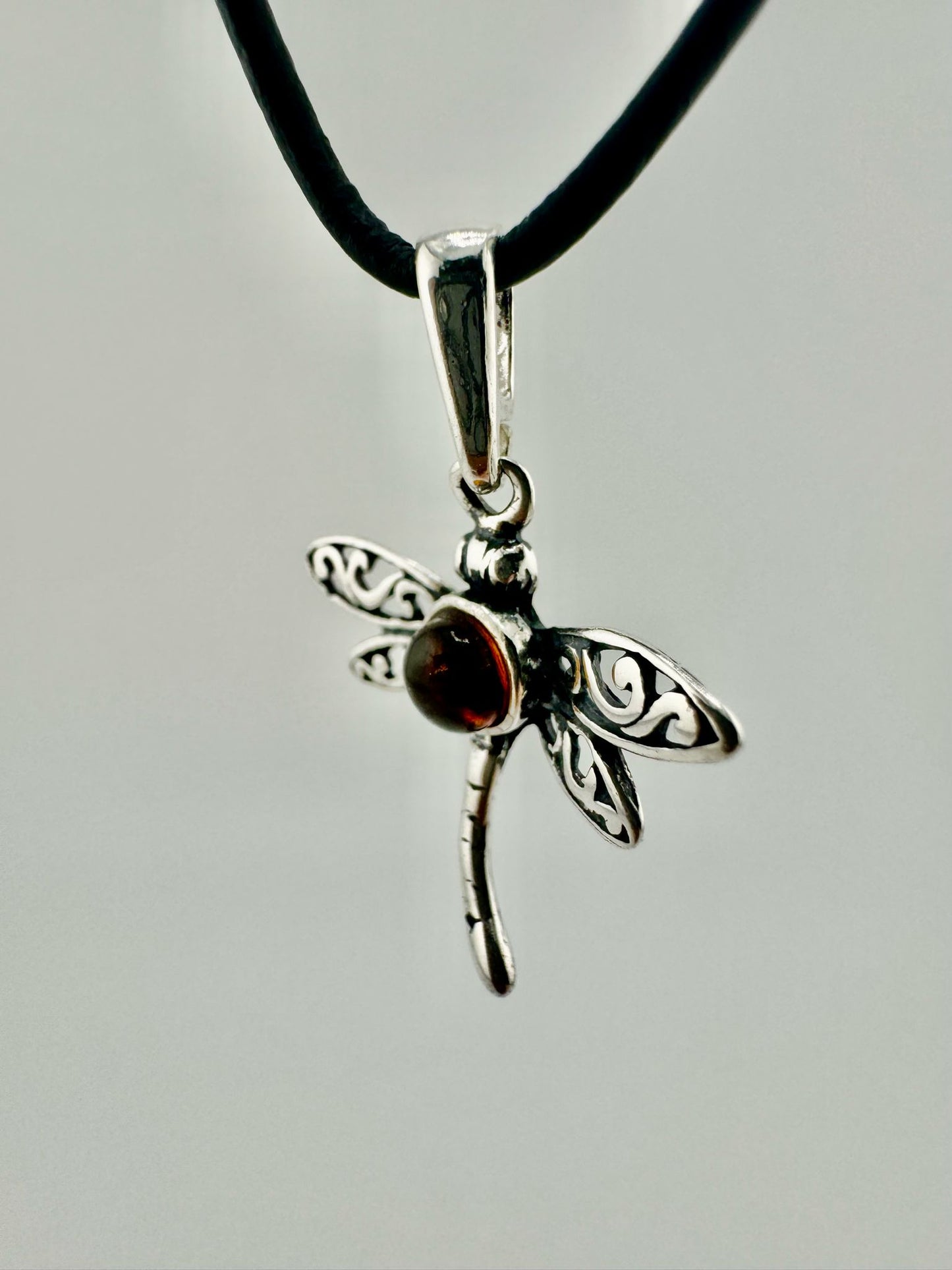 Dragonfly - pendant with amber - unique piece