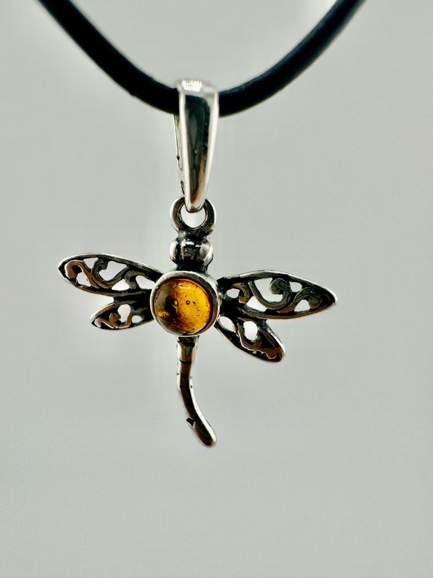 Dragonfly - pendant with amber - unique piece